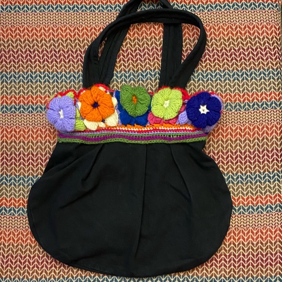Super Cute Hand Made Unique Crochet Multicolored 3D Floral Black Shoulder Bag - Picture 2 of 15